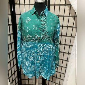 Johnny Was WORKSHOP Teal BANDANNA OVERSIZED BOHO SHIRT WOMENS SIZE S